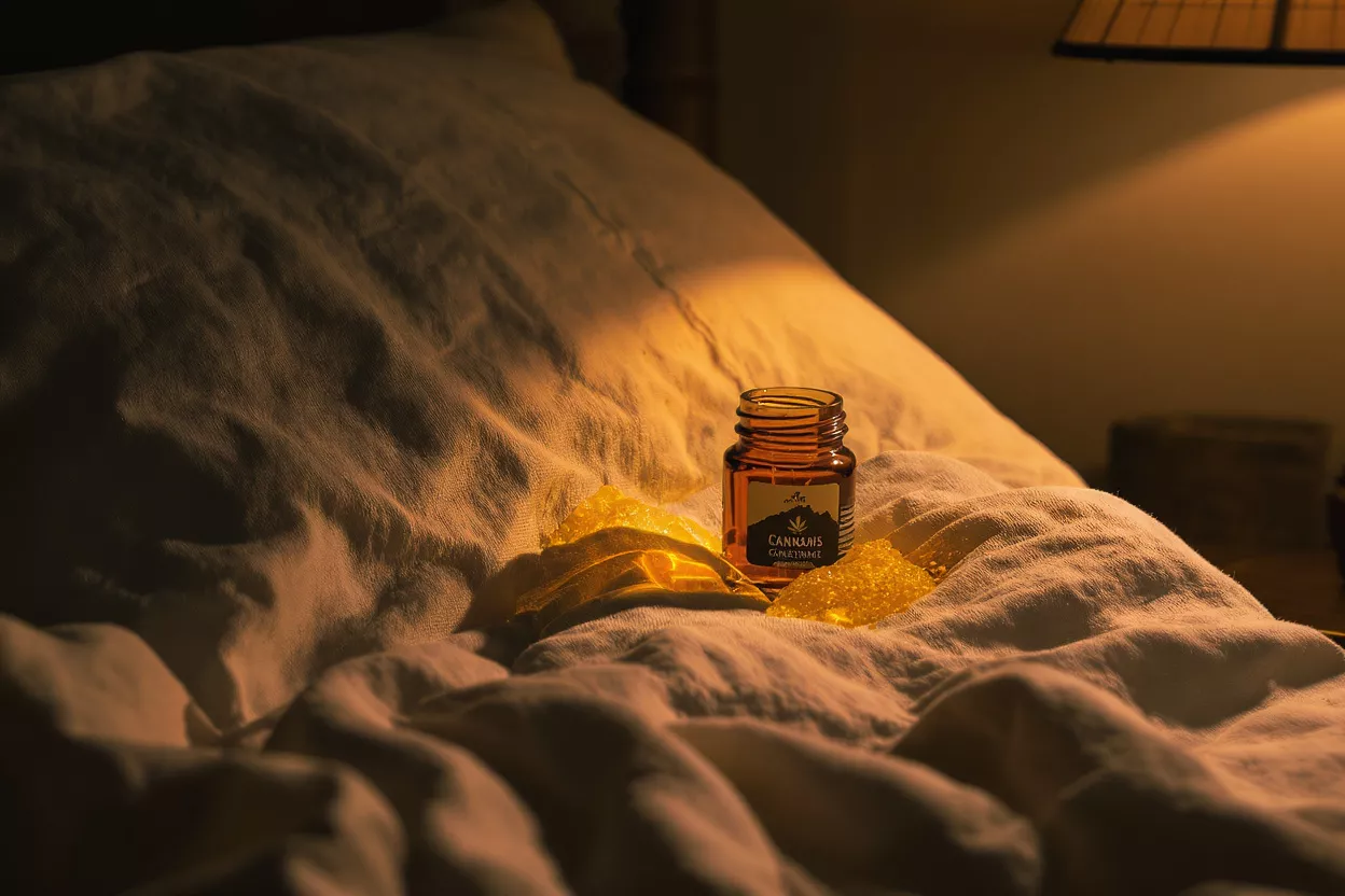 Cannabis Concentrate Bedside Cannabis concentrate jar and shatter on a bed with warm, dim lighting.