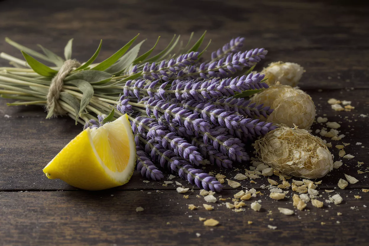 Lavender and Lemon Spa Elements A bundle of lavender, a lemon wedge, and dried pods on a wooden surface.