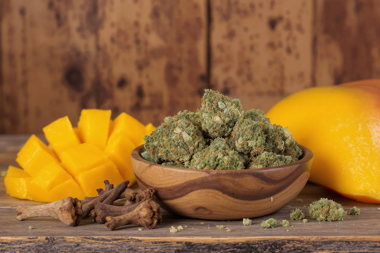 Cannabis Buds with Mango and Cloves Cannabis buds in a wooden bowl with sliced mango, whole mango, and cloves.