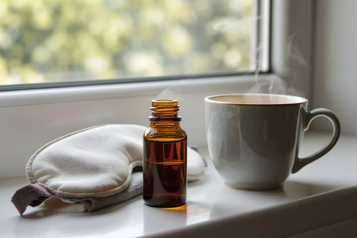 Sleep Aid Essentials by Window Sleep mask, amber bottle, and steaming mug on a windowsill with blurred greenery.
