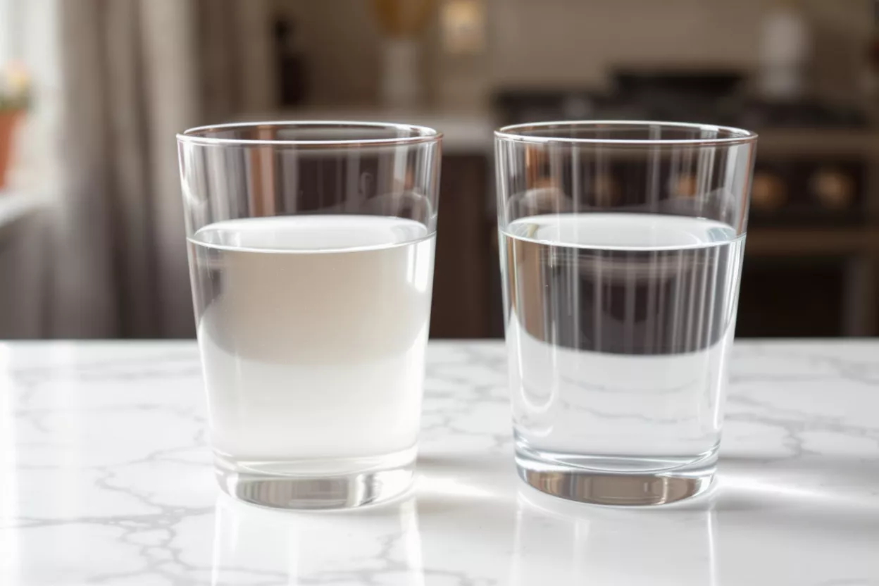 Two glasses of water, one clear and one cloudy