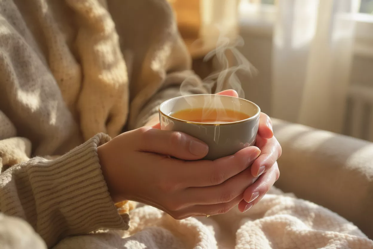 Person holding a steaming cup of tea