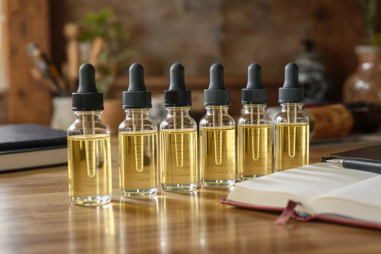 Five dropper bottles filled with golden liquid
