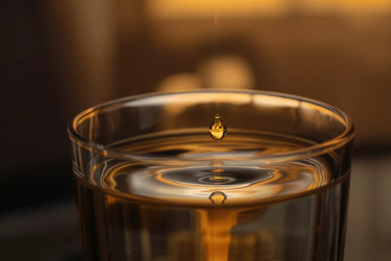 A droplet of golden oil falling into a glass