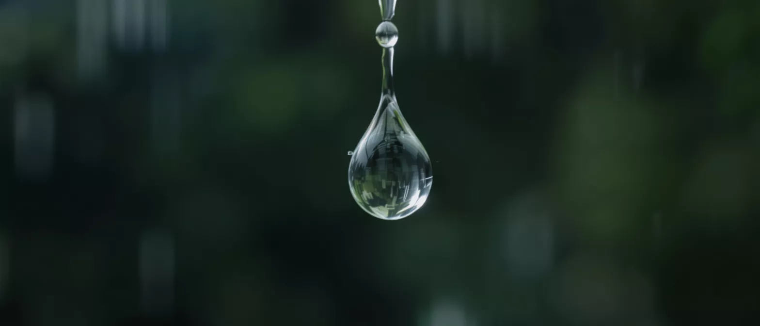 A water droplet suspended from a leaf