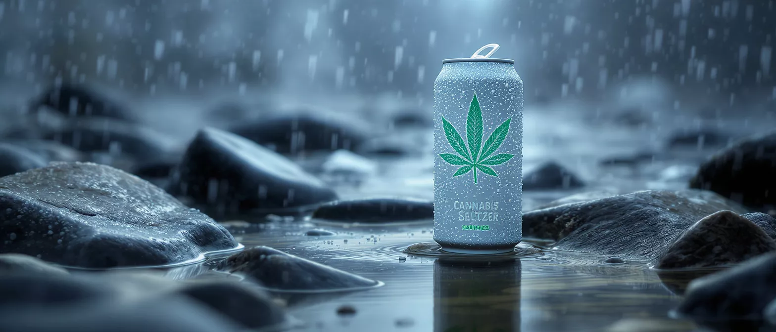 A can of cannabis seltzer resting on wet stones