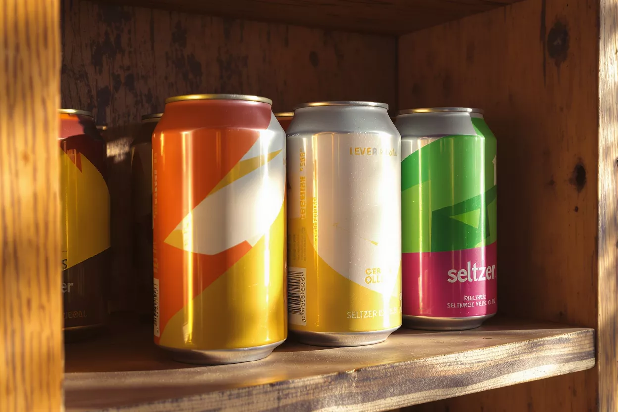 Colorful Seltzer Cans Assorted seltzer cans on a wooden shelf