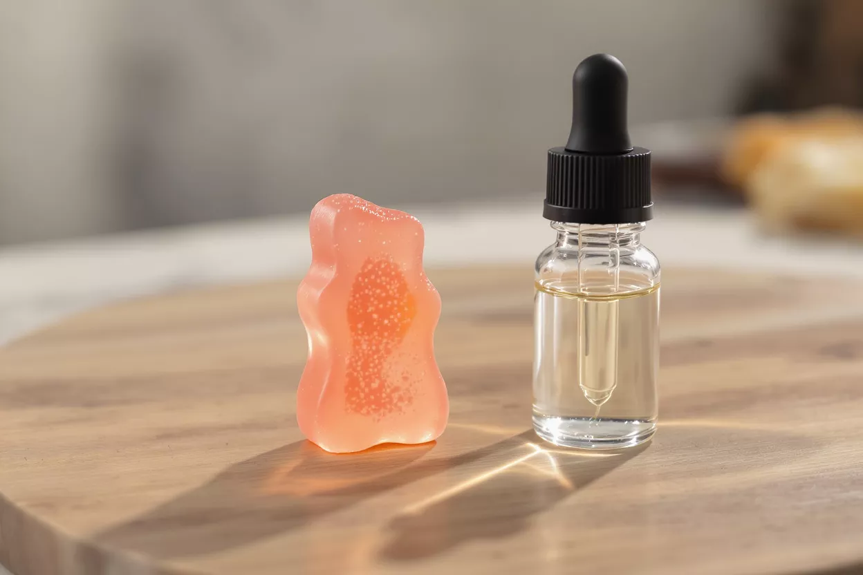 A gummy bear next to a dropper bottle of oil