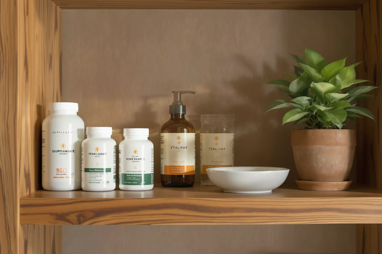 A shelf displaying various natural supplement bottles