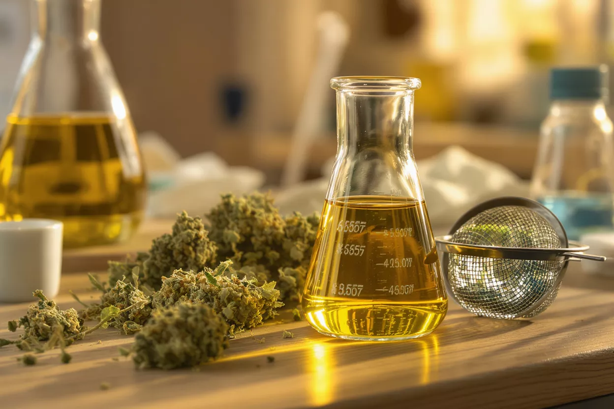 Cannabis buds, a flask of golden oil, and a strainer on a wooden surface.