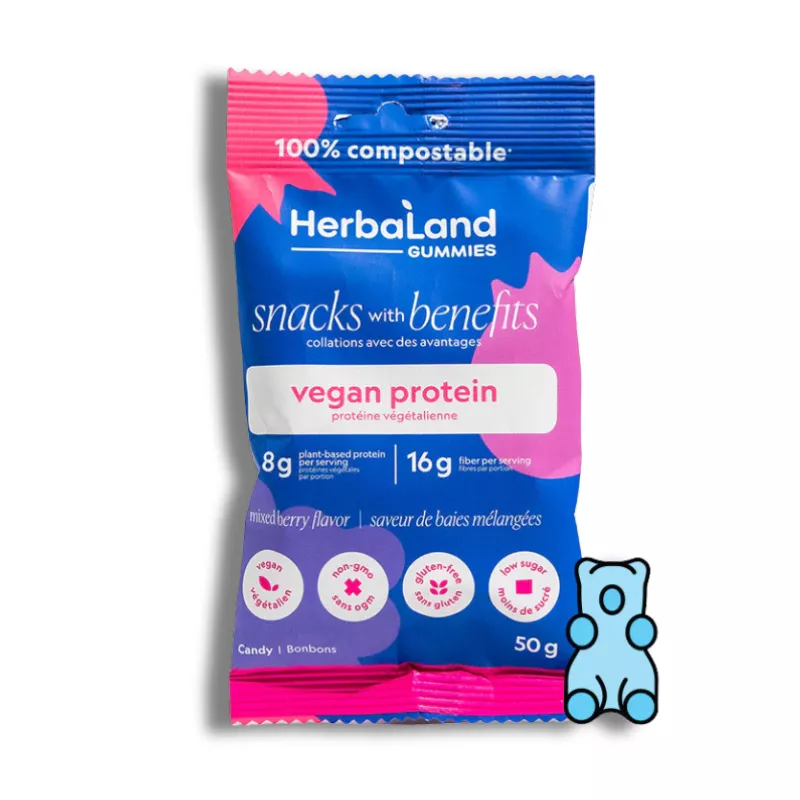 Vegan protein gummies by HerbaLand, 100% compostable, mixed berry flavor, eco-friendly packaging.