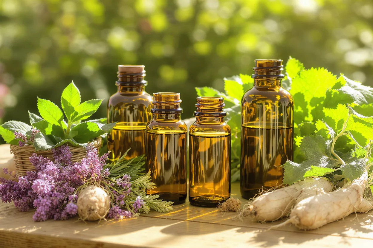 Herbal Essential Oils and Natural Remedies Amber bottles of essential oil with various herbs, roots, and flowers on a wooden table.