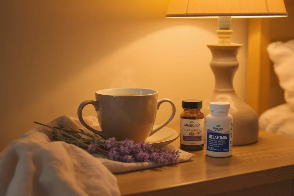 Bedside Sleep Aid Essentials Melatonin bottles, tea, and lavender on a bedside table under warm lamp light.