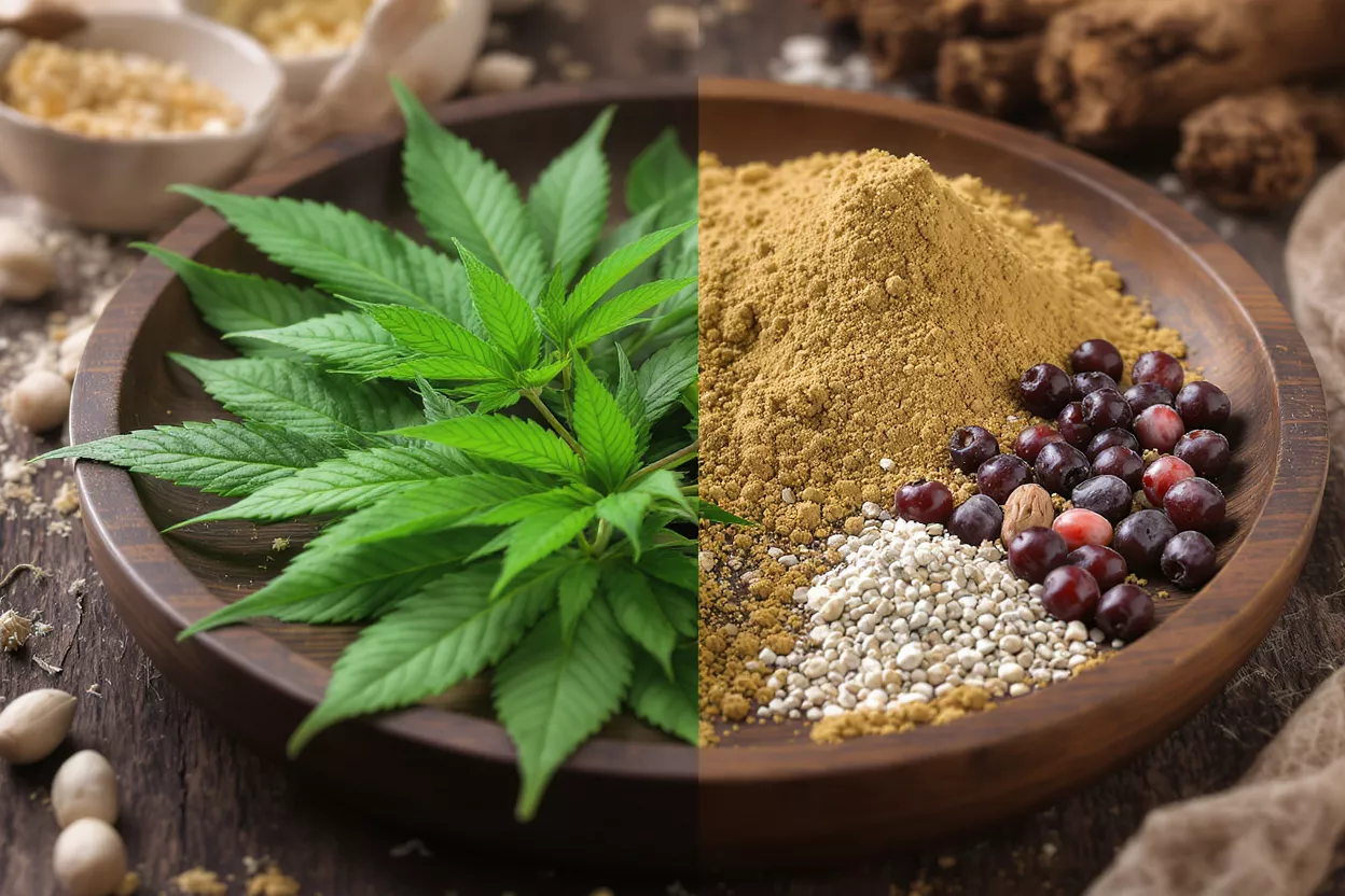 Cannabis and Natural Ingredients Cannabis leaves, brown powder, white granules, and dark berries on a wooden plate.