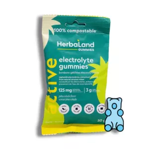 HerbaLand Electrolyte Gummies: Teal package, eco-friendly, bilingual, piña colada flavor.