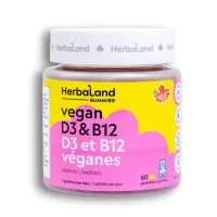 Herbaland vegan gummies jar with D3 B12 raspberry vitamin supplements sugar-free