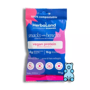 Vegan protein gummies by HerbaLand, 100% compostable, mixed berry flavor, eco-friendly packaging.