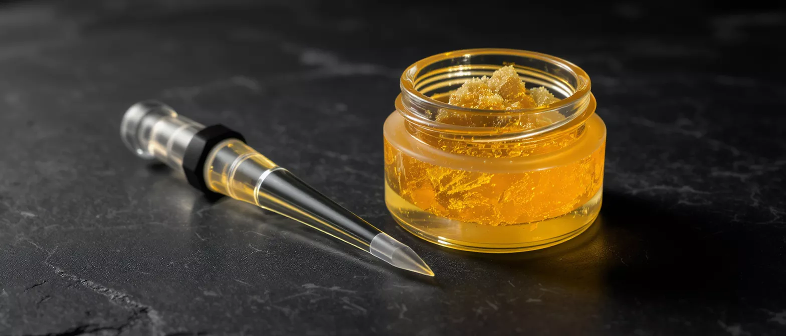 A jar of golden cannabis concentrate next to a clear dab tool on a dark surface.