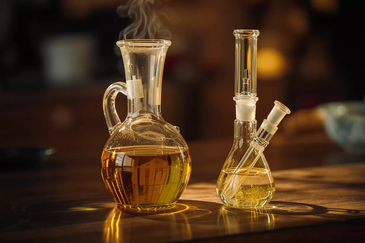 A glass bong and a steaming glass oil carafe sit on a wooden table.