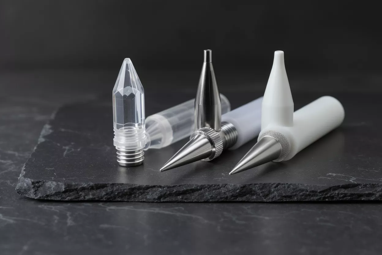 Three different precision applicator bottles with fine metal and plastic tips on a slate tile.