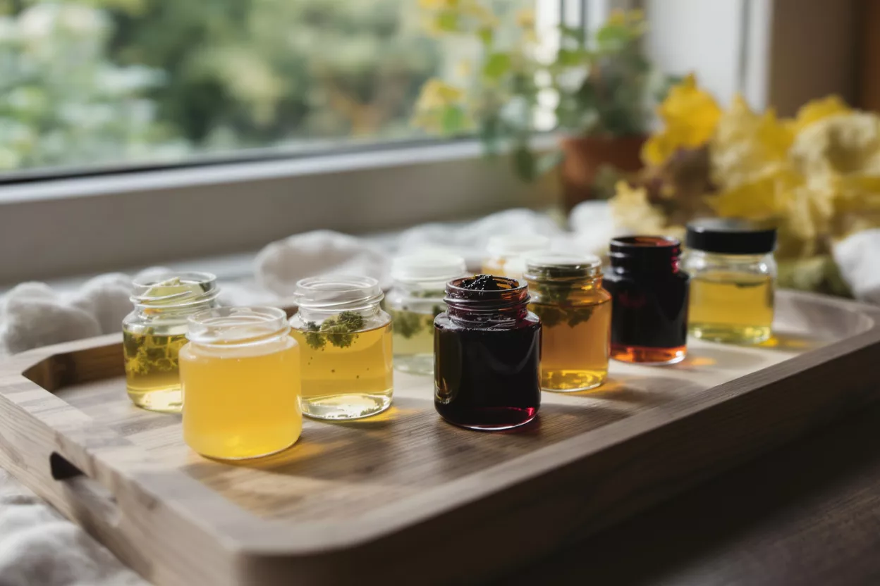 Small glass jars of colorful herbal infusions and honey on a wooden tray.