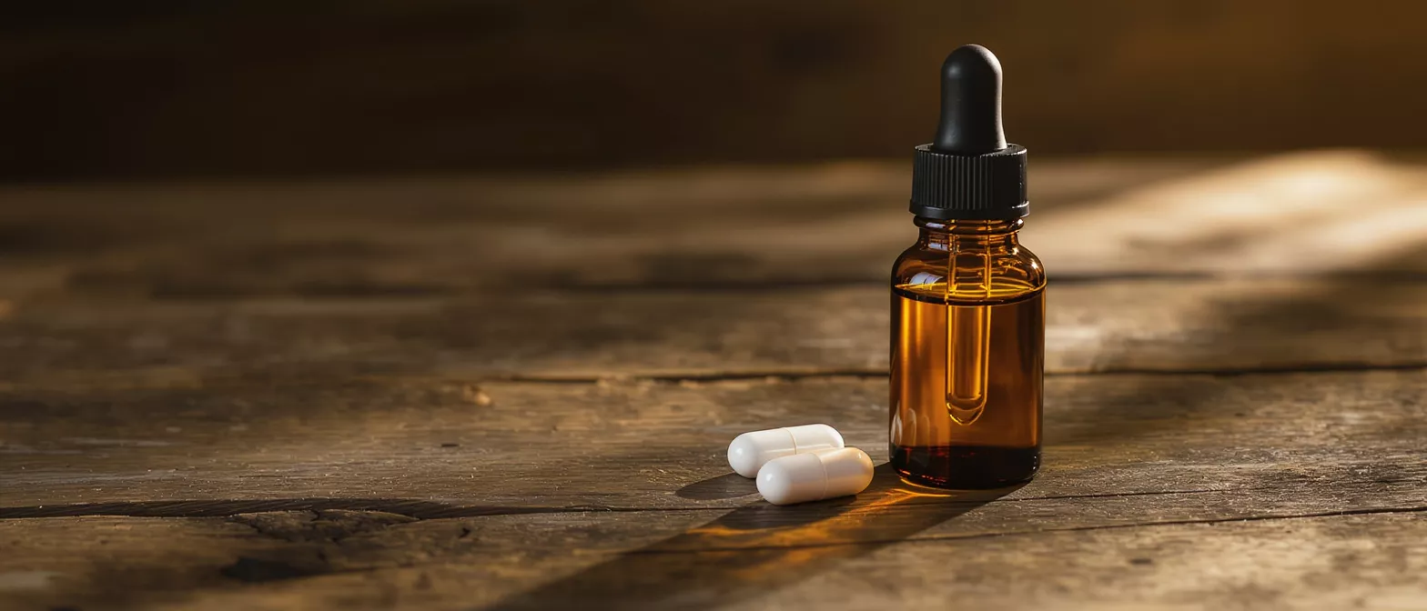 Amber dropper bottle of CBD oil and two white capsules on a rustic wooden table.