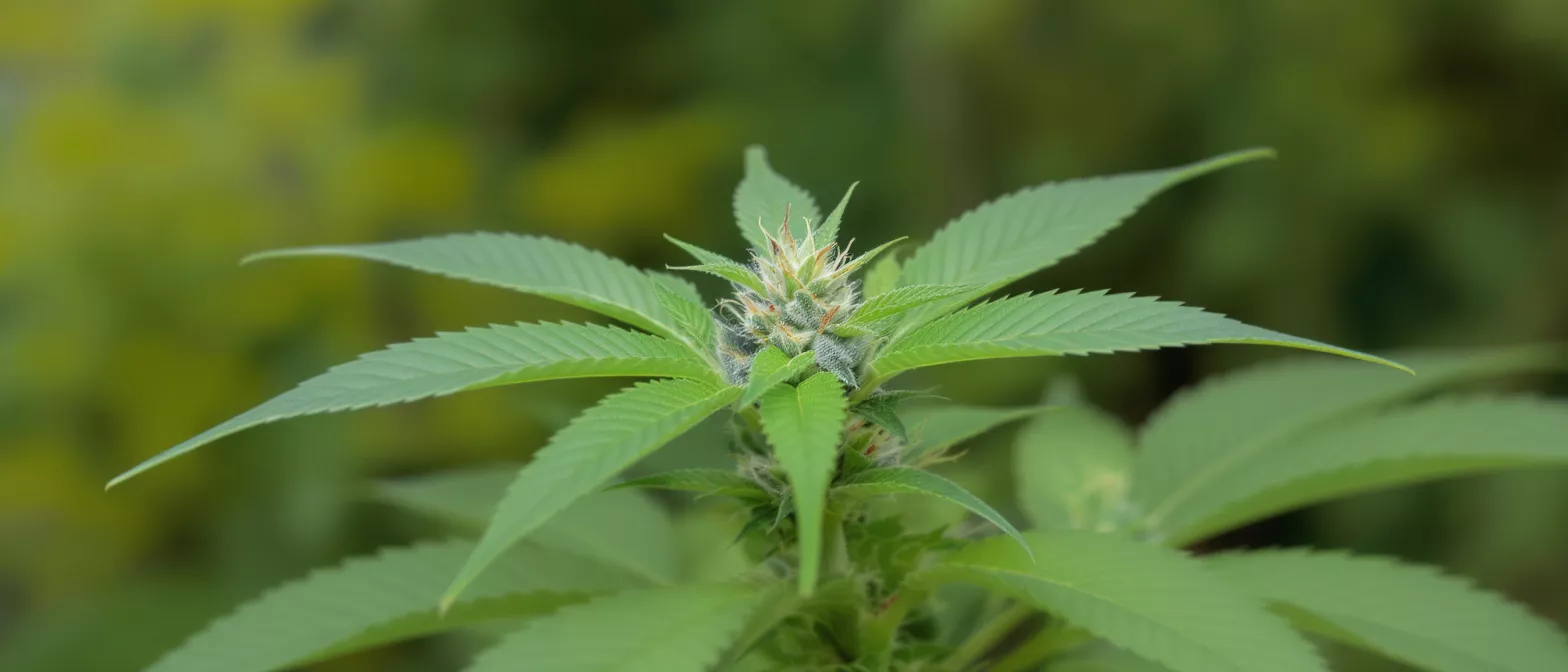 Close-up of a cannabis plant with a budding flower and green leaves.
