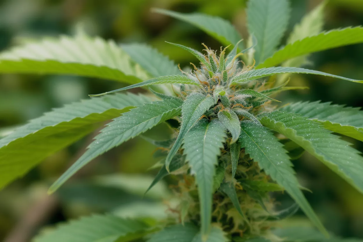 Detailed view of a cannabis plant with green leaves