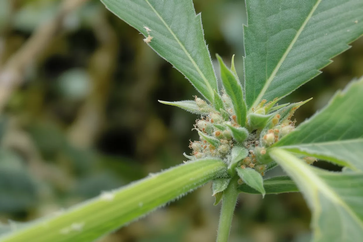 Detailed view of a cannabis plant bud and leaves