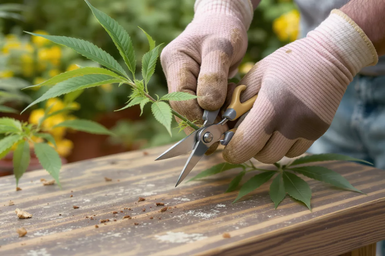 Person pruning cannabis plants with scissors