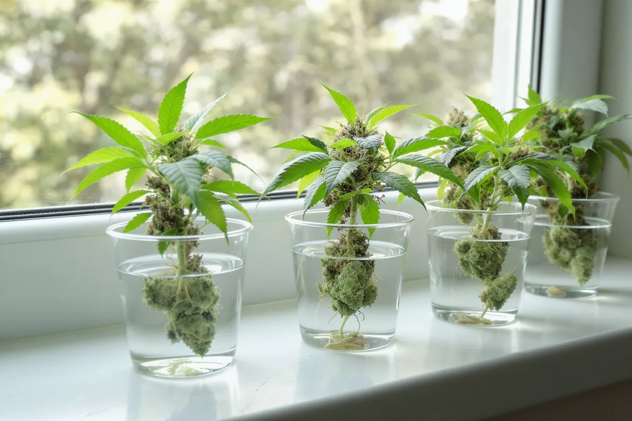 Cannabis plants in clear cups with water