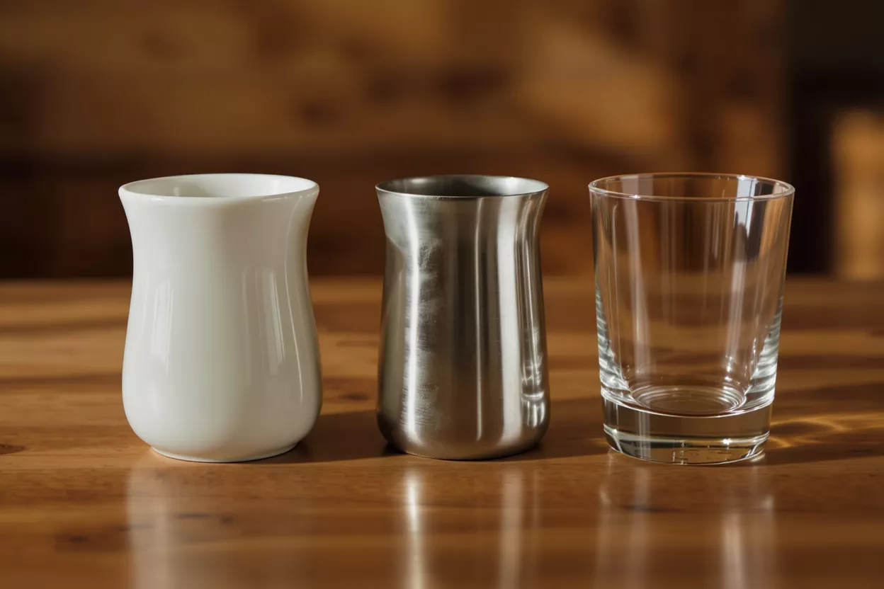 A white ceramic pitcher, a stainless steel pitcher, and a glass tumbler on a wood surface.
