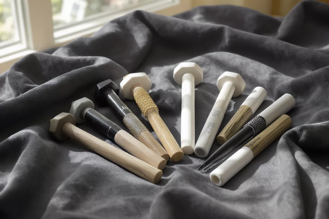A collection of unique, bolt-shaped tools made of ceramic, wood, and metal.