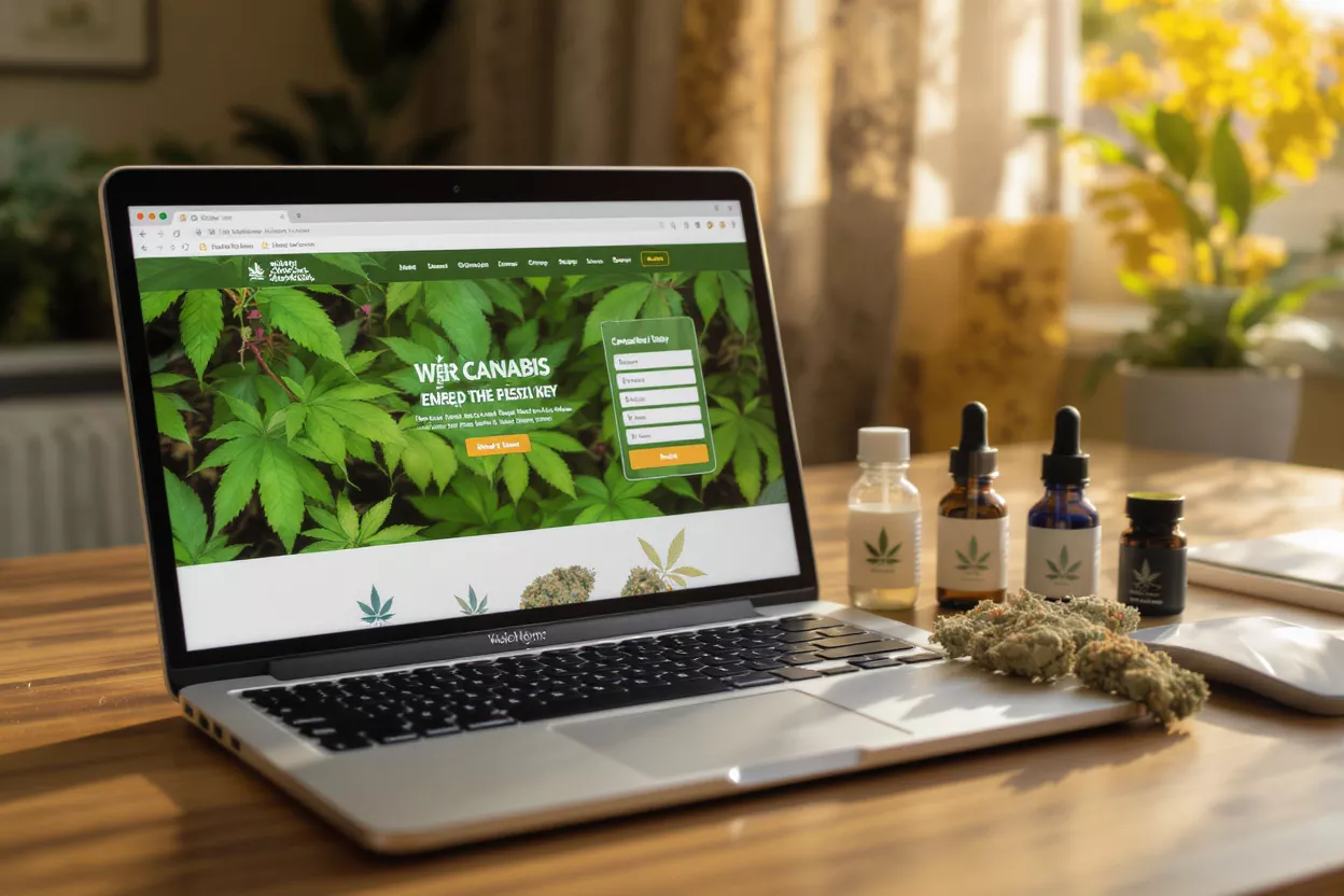Sitio Web y Productos de Cannabis Portátil mostrando un sitio web de cannabis, junto a varios productos de cannabis.