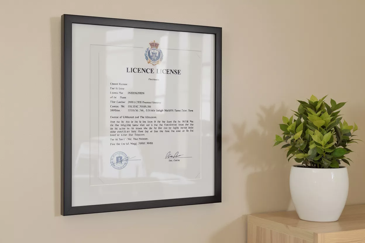 Certificado enmarcado y planta en maceta Un certificado enmarcado cuelga en una pared junto a una planta verde en maceta sobre una superficie de madera.