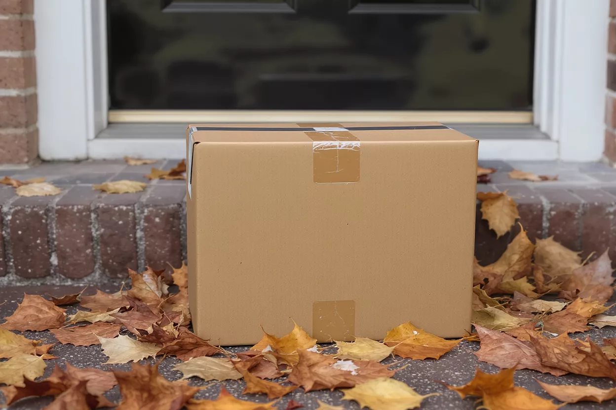 Paquete entregado en la puerta principal Una caja de cartón marrón sobre el umbral de una puerta rodeada de hojas caídas de otoño.