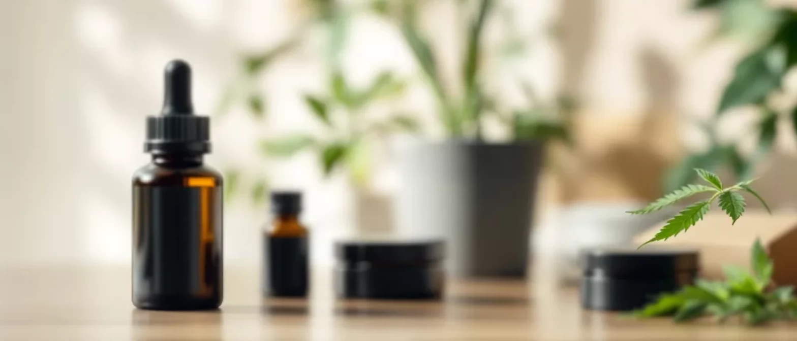 Brown dropper bottle surrounded by plants and jars