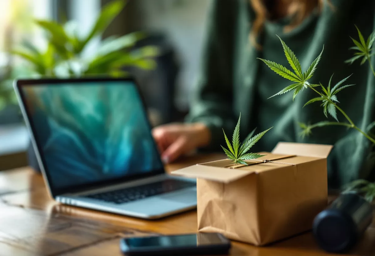 A cannabis plant in a package on a wooden table