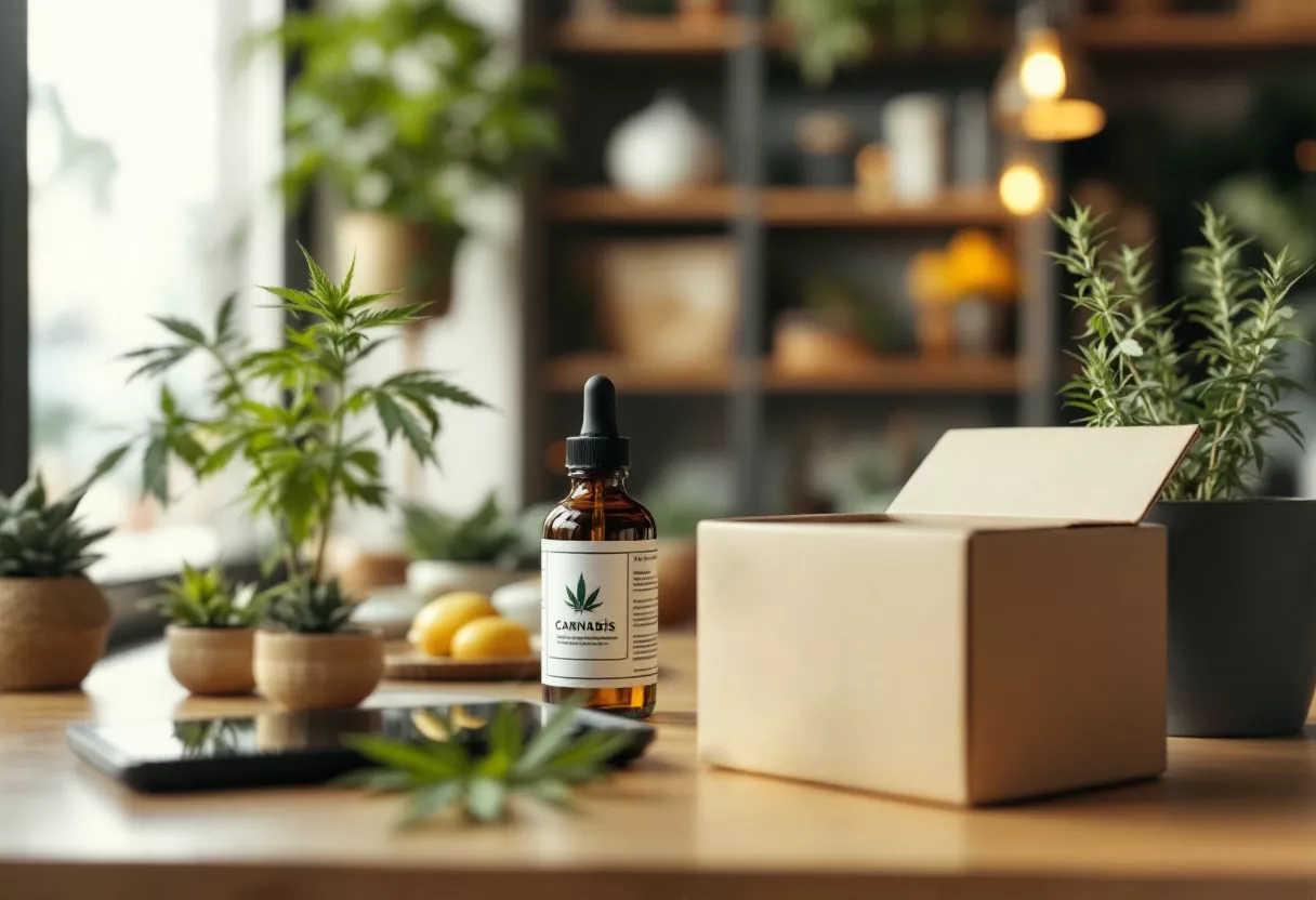 A bottle of cannabis oil next to a cardboard box