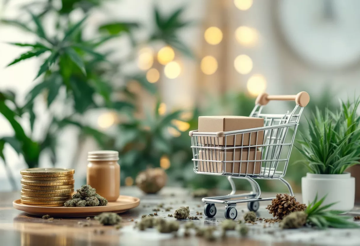 Shopping cart with cannabis products and coins