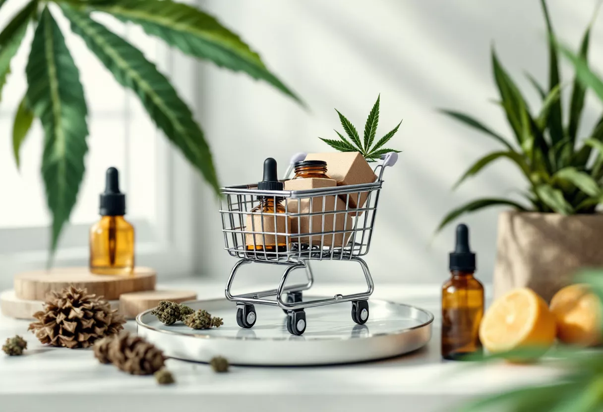 Shopping cart filled with cannabis products and plants