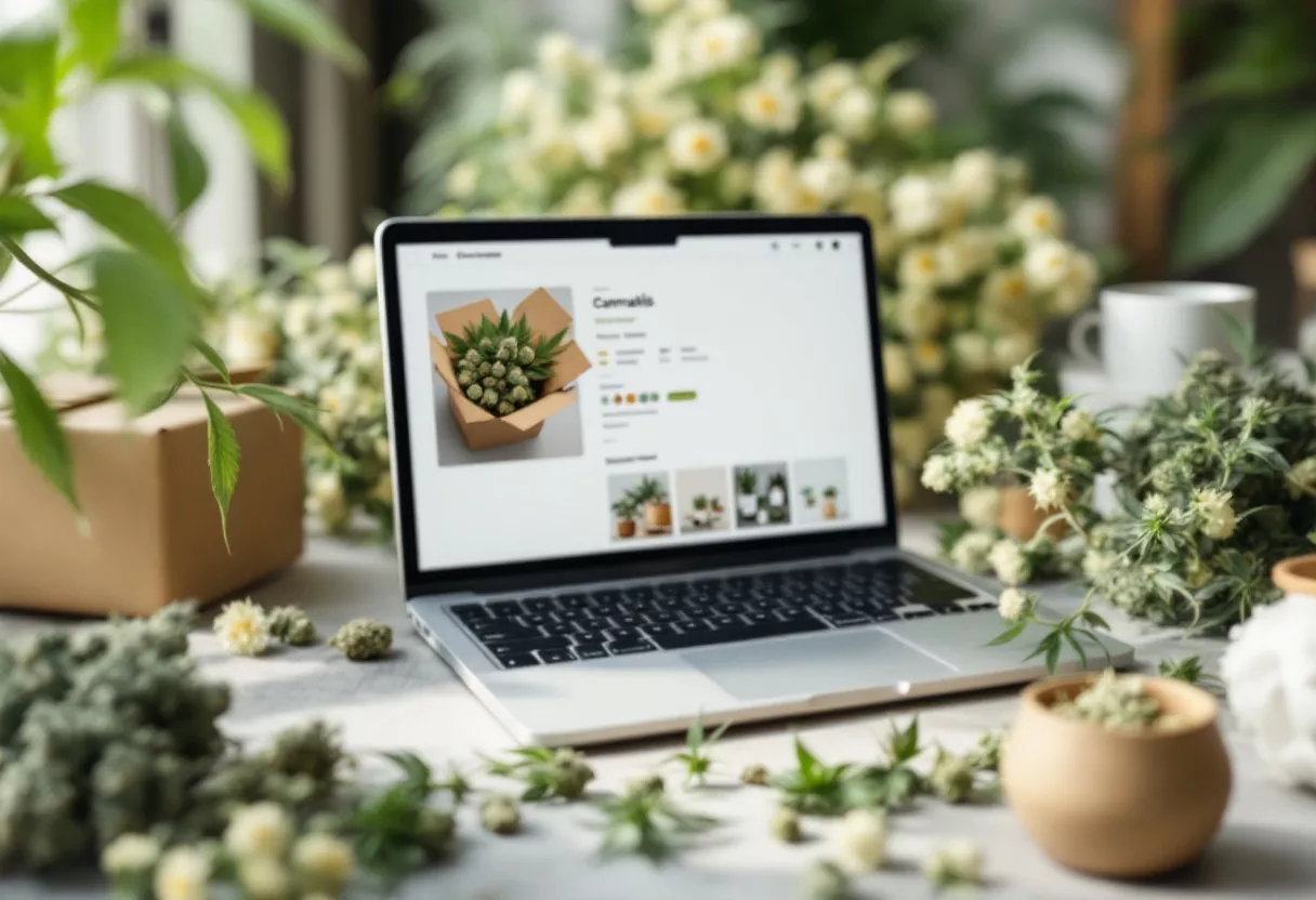 Laptop displaying flower product surrounded by plants