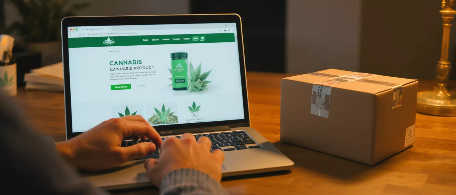 Hands typing on laptop displaying cannabis product website next to a delivery box.