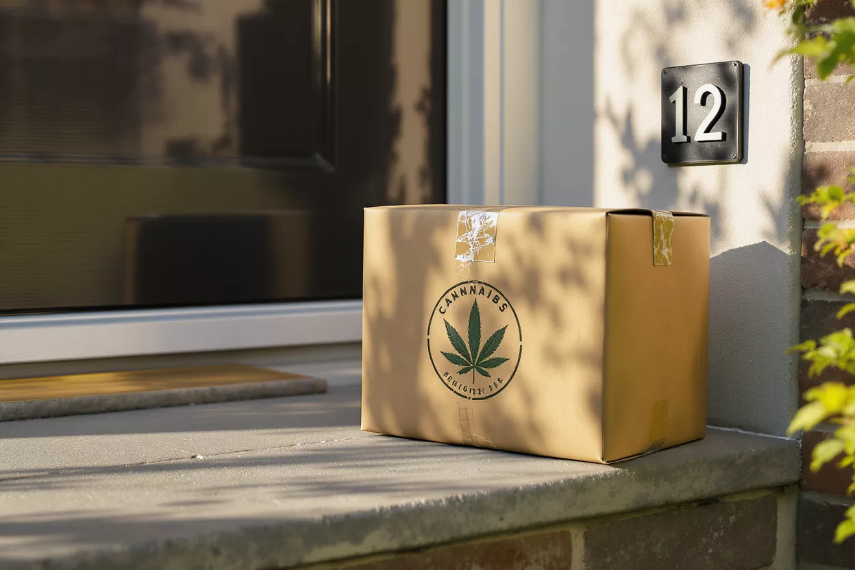 Brown cardboard box with cannabis leaf logo on a doorstep.