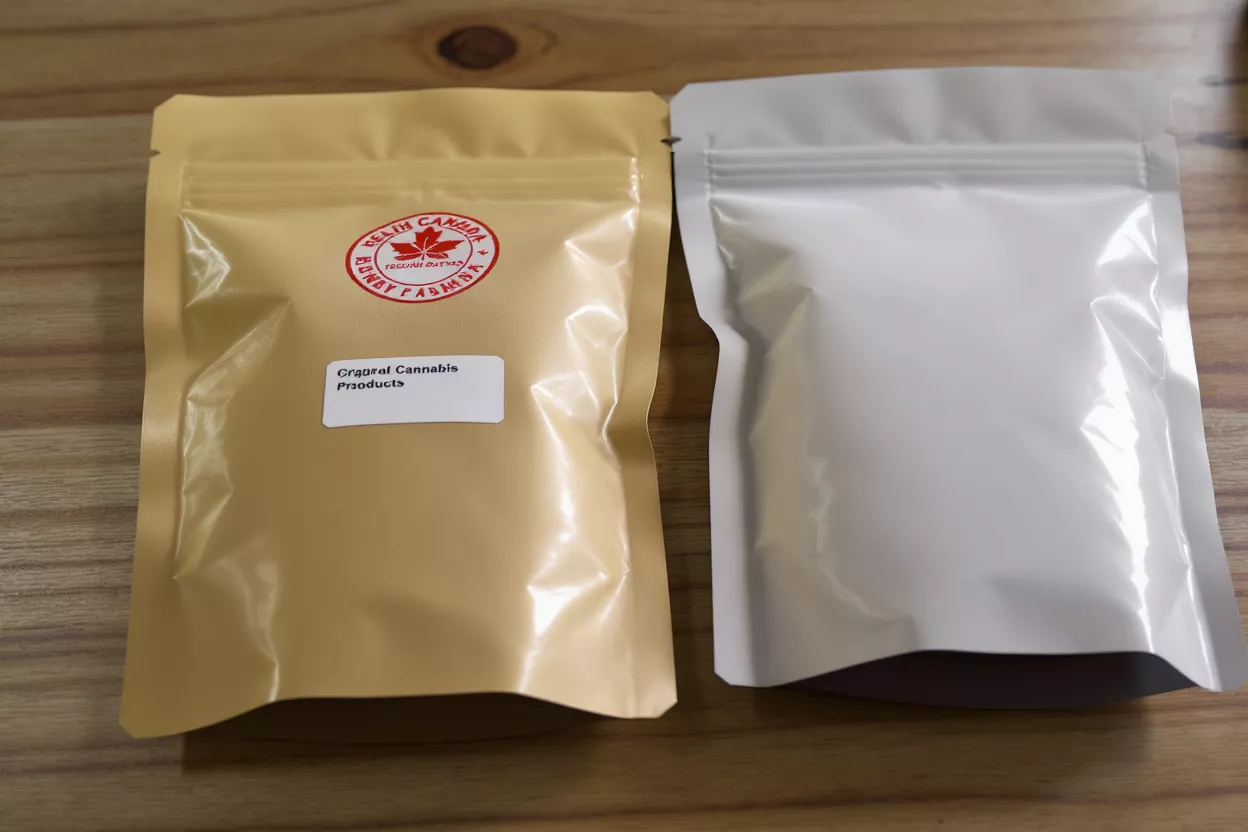 Two stand-up pouches, one gold and one white, for cannabis products.