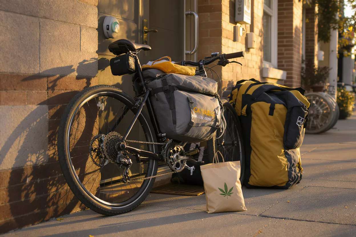 Bicycle with delivery bags and a cannabis-branded paper bag on a sidewalk.