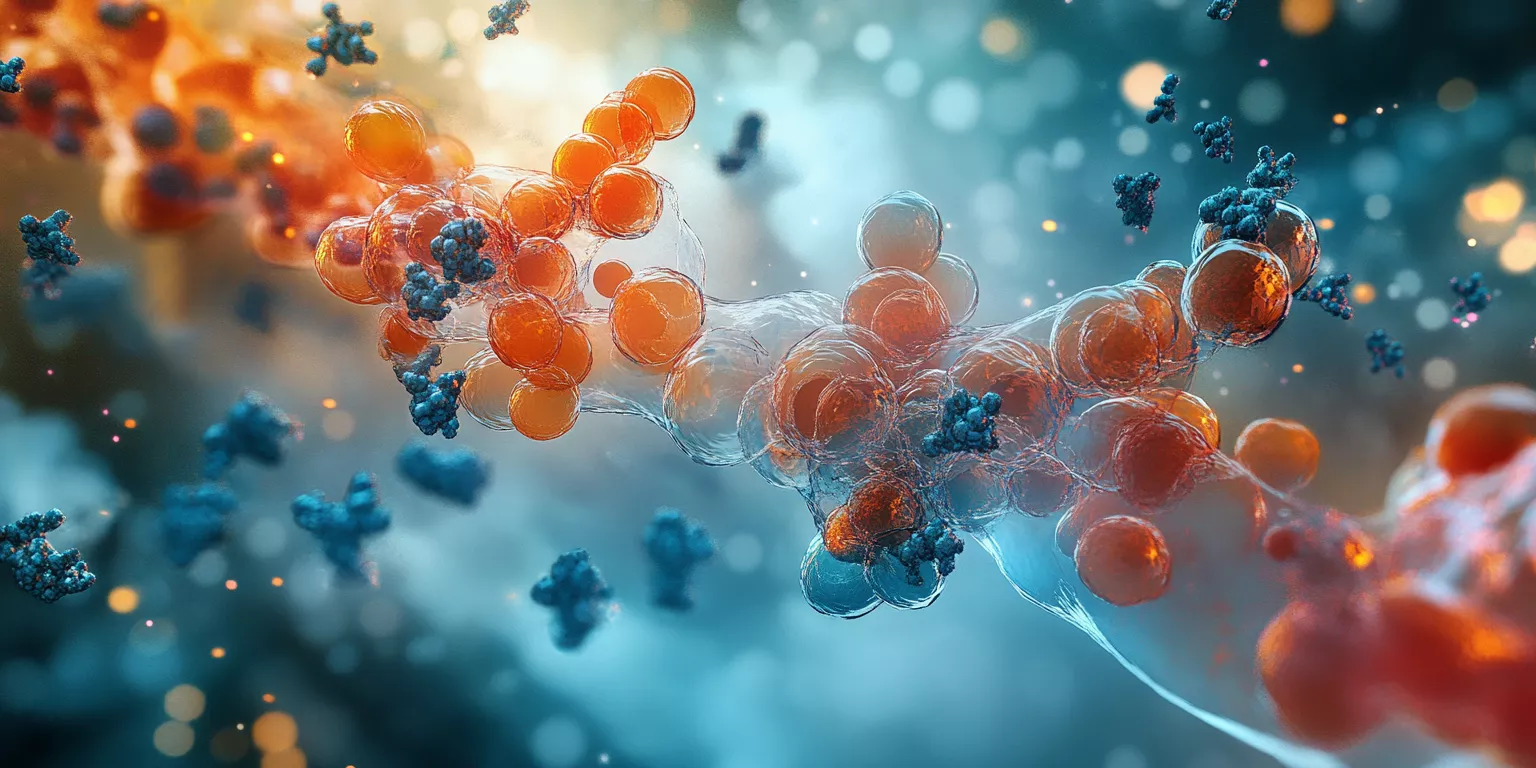 Vibrant molecular structures in fluid environment, featuring orange spheres and blue background.