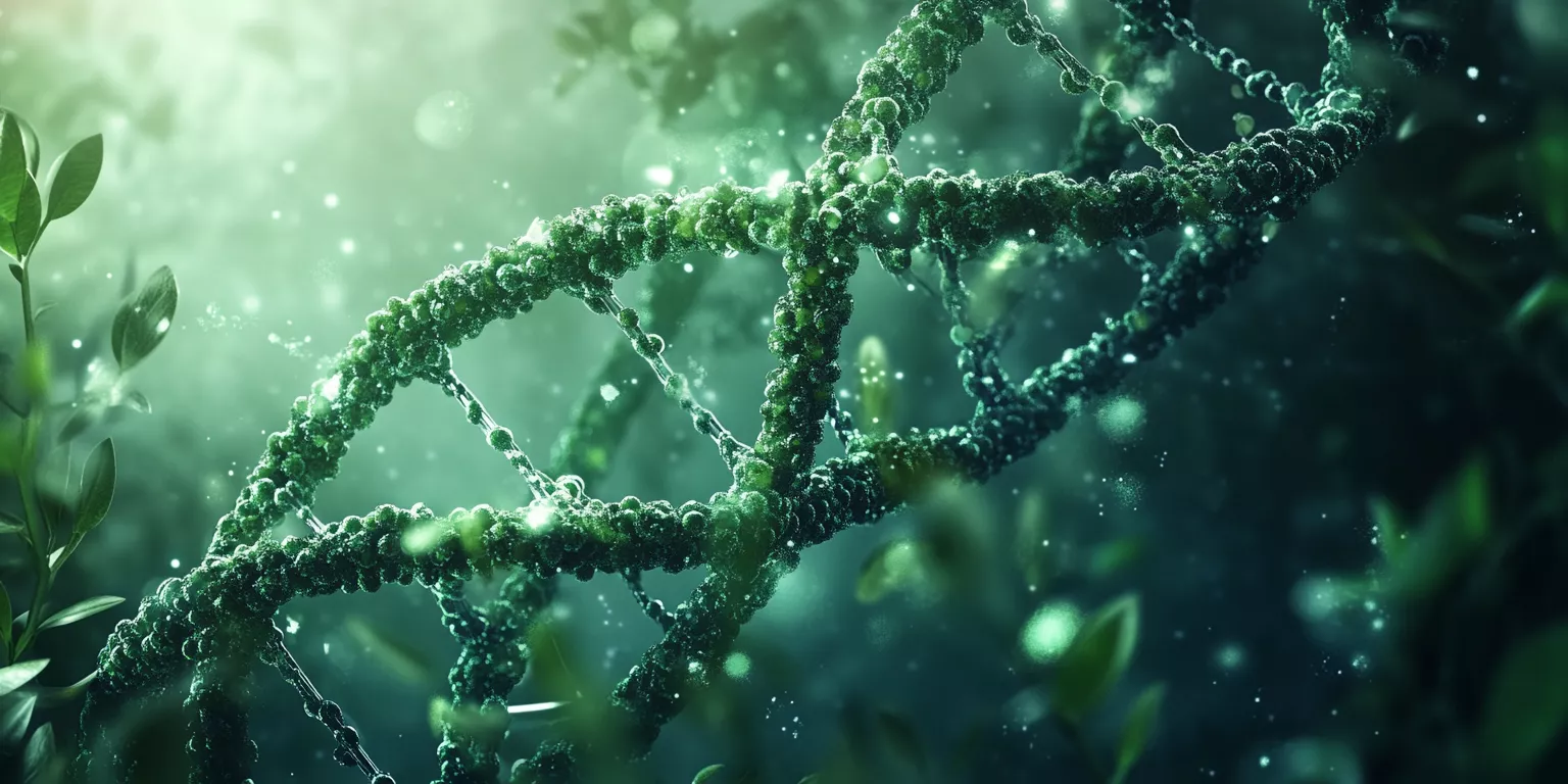 DNA double helix entwined with nature, illuminated by ethereal light and shimmering spores.