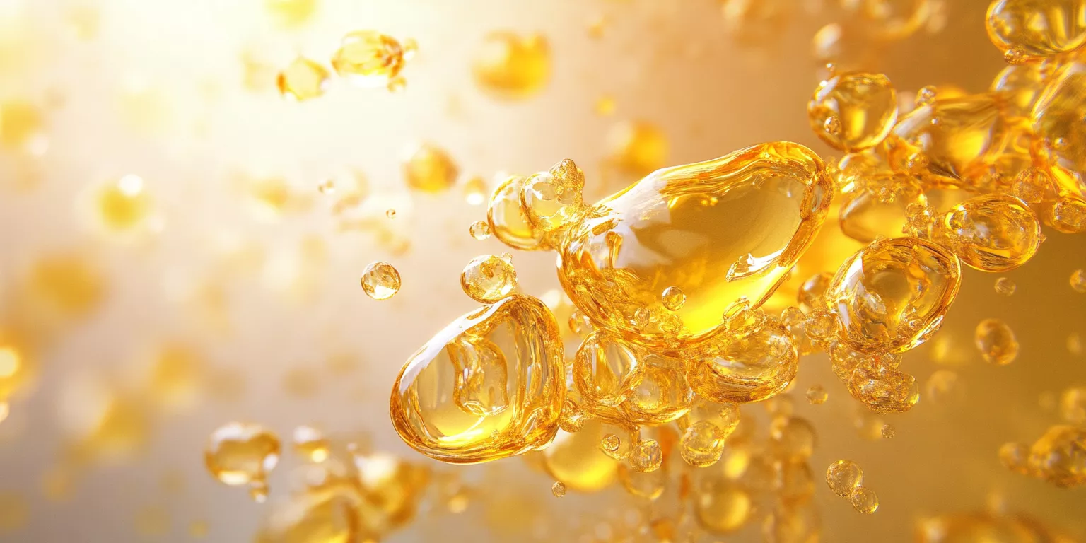 Golden bubbles suspended in oil, reflecting light, symbolizing luxury and fluid dynamics.