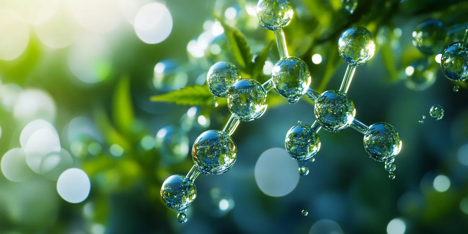 Molecular structure in nature: glossy spheres, green leaves, harmony between science and environment.